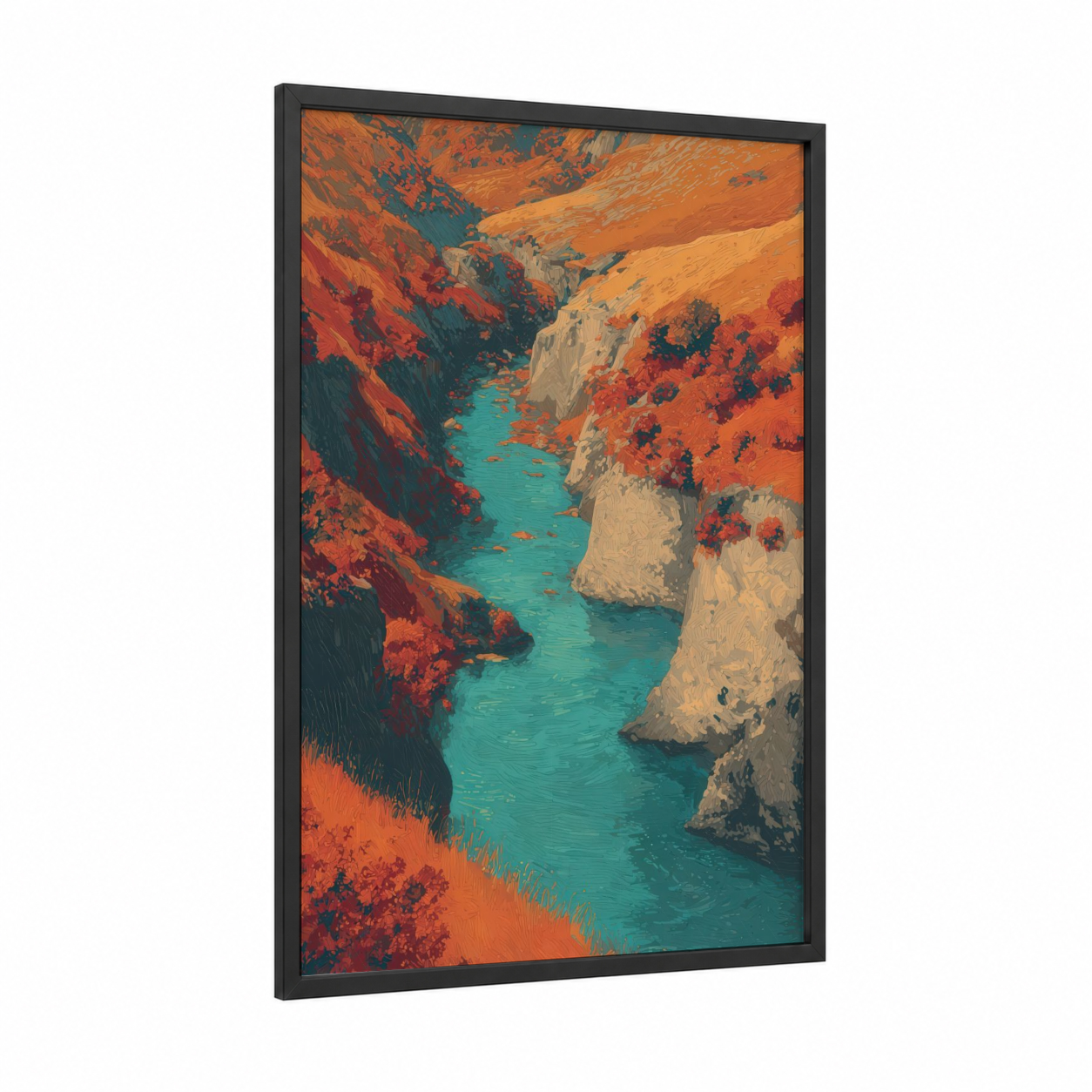 Turquoise Canyon framed art print — black wood frame — orange and teal palette