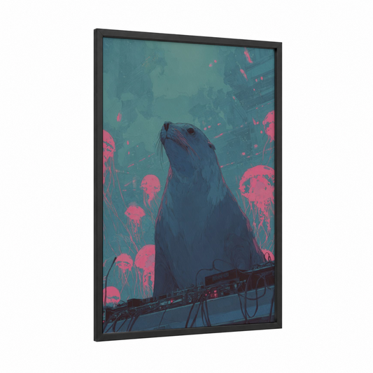 Neon Sea Lion framed art print — black wood frame — teal and magenta palette