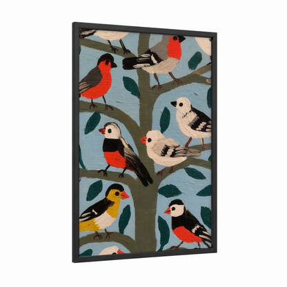 Garden Finch Gathering framed art print — black wood frame — blue and green palette