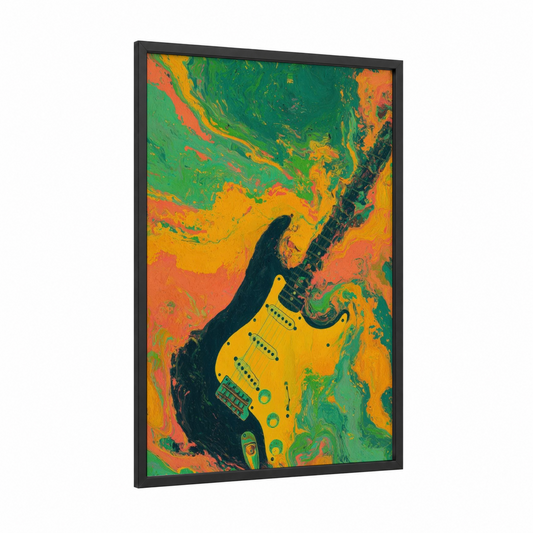Electric Vibrancy framed electric guitar print — black wood frame — gold and orange palette