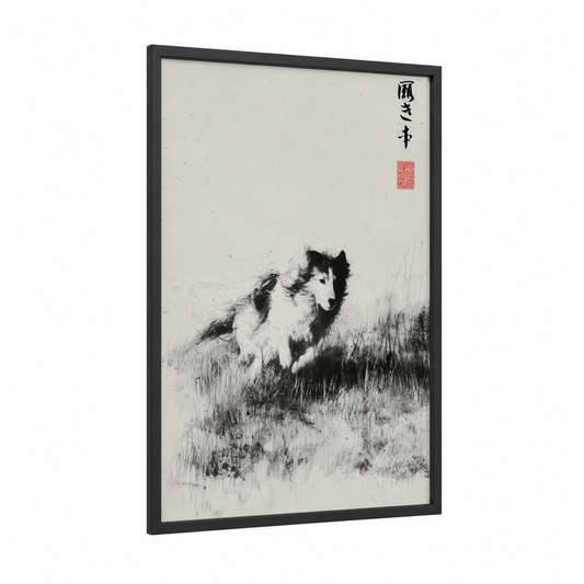 Windy Collie framed shepherd dogs and collies print — black wood frame — black and white palette