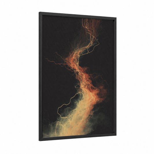 Electric Storm framed lightning print — black wood frame — gold and black palette