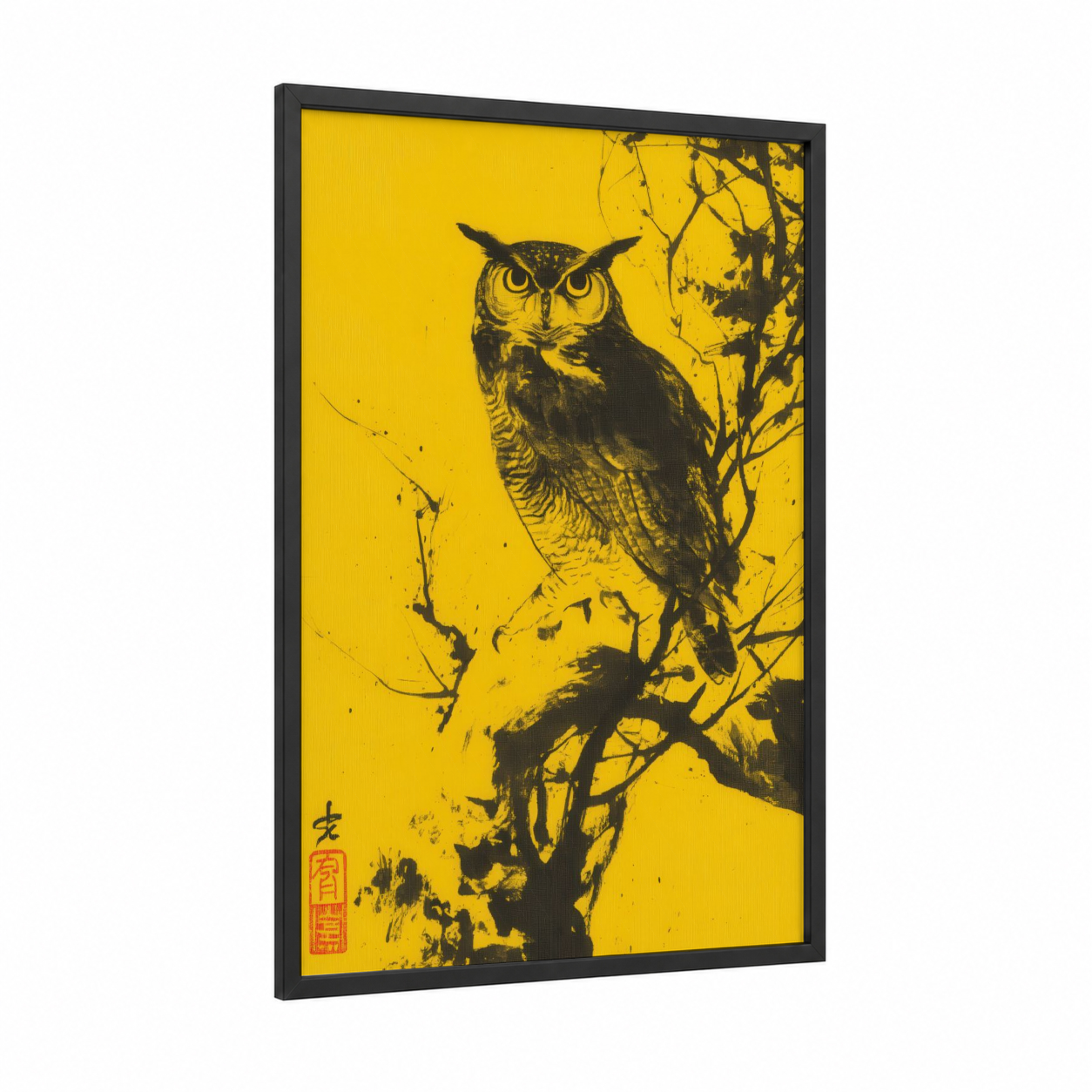 Golden Owl Perch framed art print — black wood frame — yellow gold and black and white palette