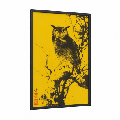 Golden Owl Perch framed art print — black wood frame — yellow gold and black and white palette