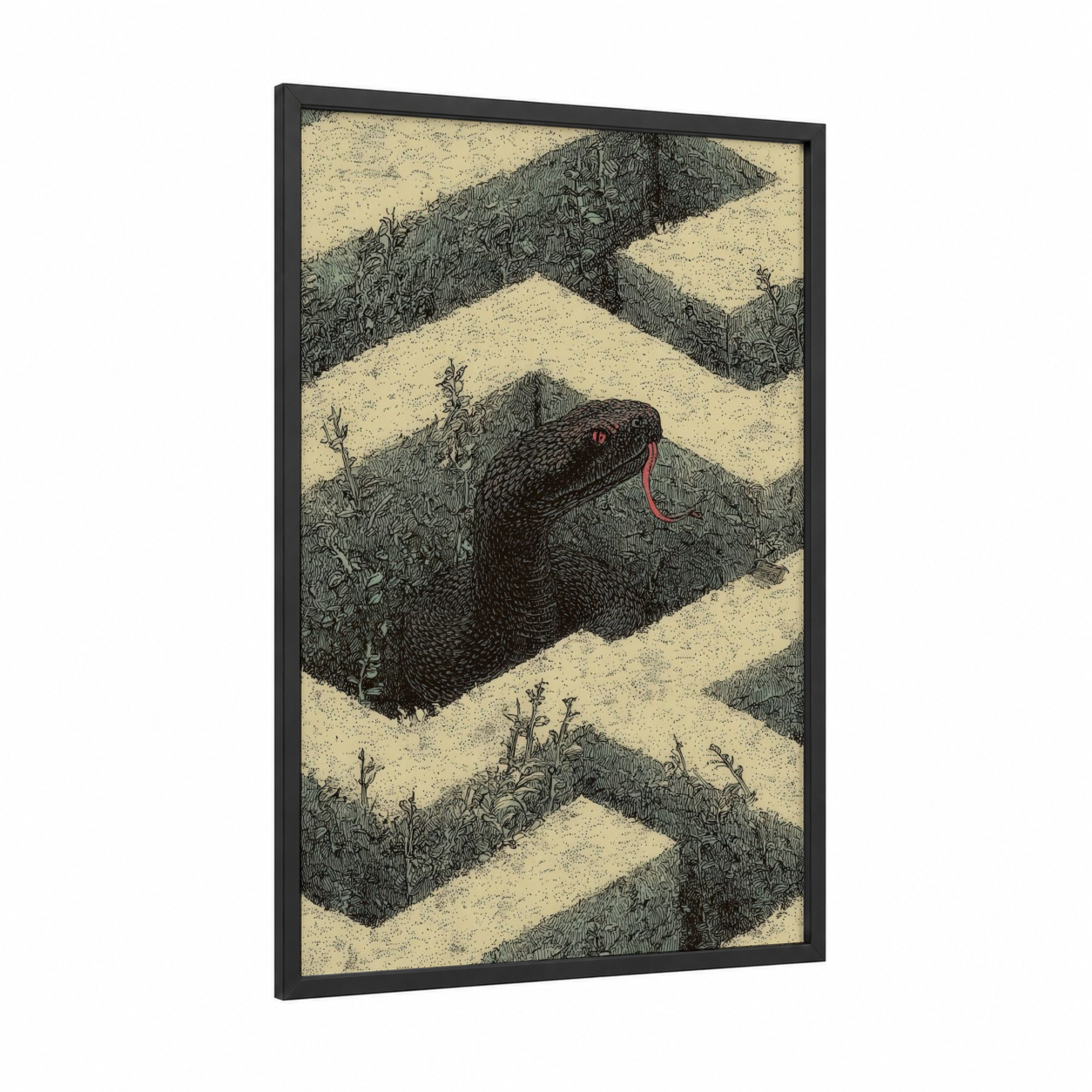 Desert Rattlesnake framed art print — black wood frame — black and white and cream palette