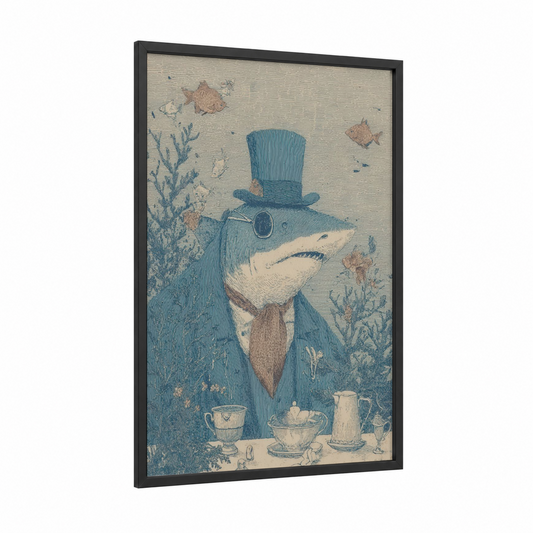 Genteel Shark framed lemon shark print — black wood frame — blue and cream palette