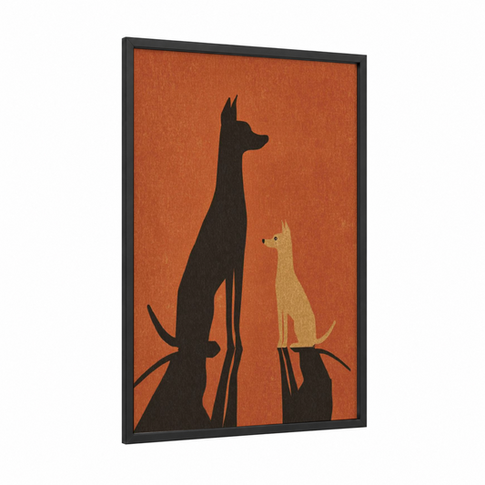 Feline Trio framed cat print — black wood frame — russet and black palette