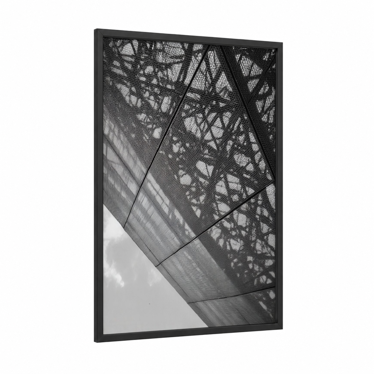 Geometric Shade framed abstract architecture print — black wood frame — black and white and gray palette