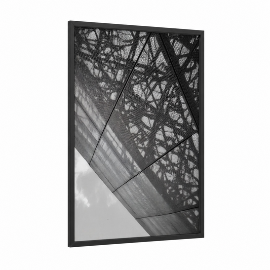 Geometric Shade framed abstract architecture print — black wood frame — black and white and gray palette