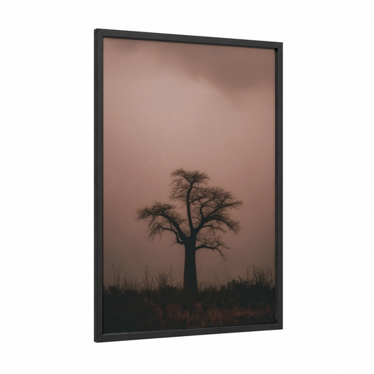 Solitary Baobab framed baobab tree print — black wood frame — brown palette