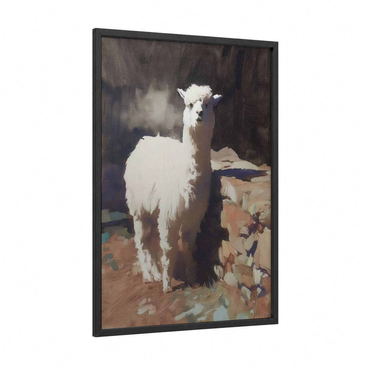 Serene Alpaca framed art print — black wood frame — white and brown palette