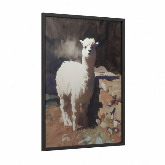 Serene Alpaca framed art print — black wood frame — white and brown palette