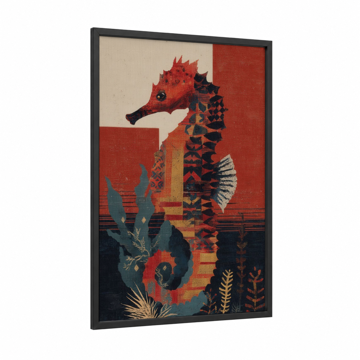 Crimson Seahorse framed sea horse print — black wood frame — red and teal palette