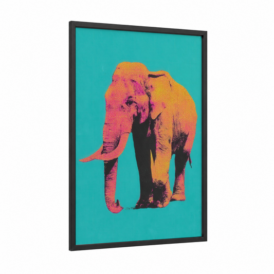 Neon Savanna Elephant framed art print — black wood frame — magenta and turquoise palette