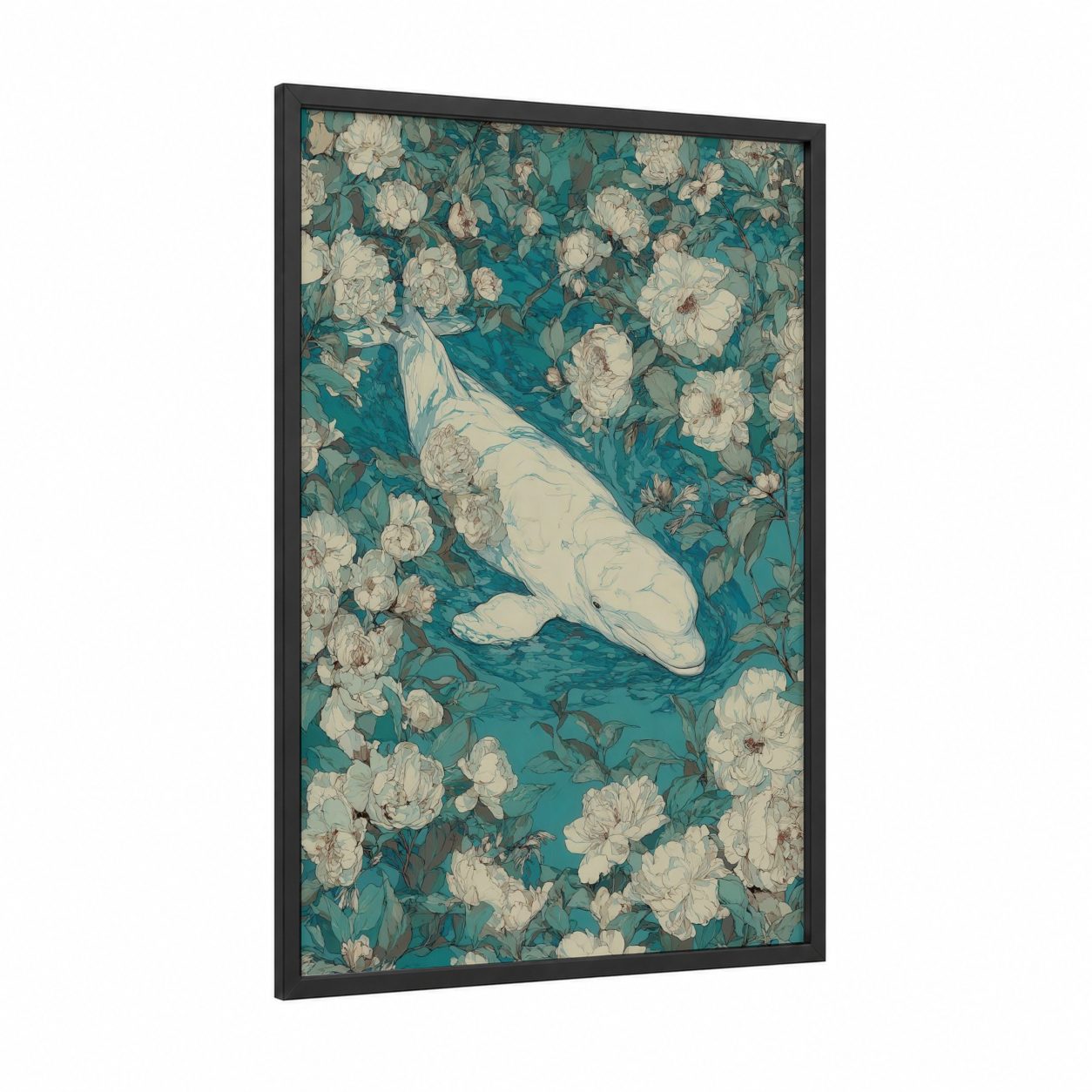 Floral Beluga framed beluga whale print — black wood frame — teal and cream palette