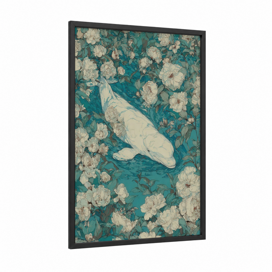 Floral Beluga framed beluga whale print — black wood frame — teal and cream palette
