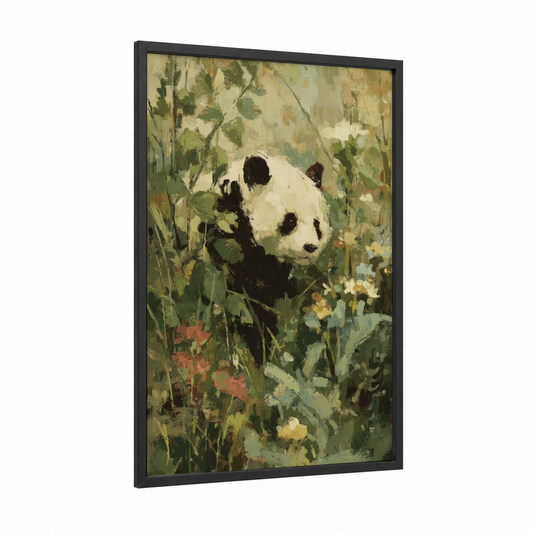 Garden Panda framed art print — black wood frame — light green and cream palette