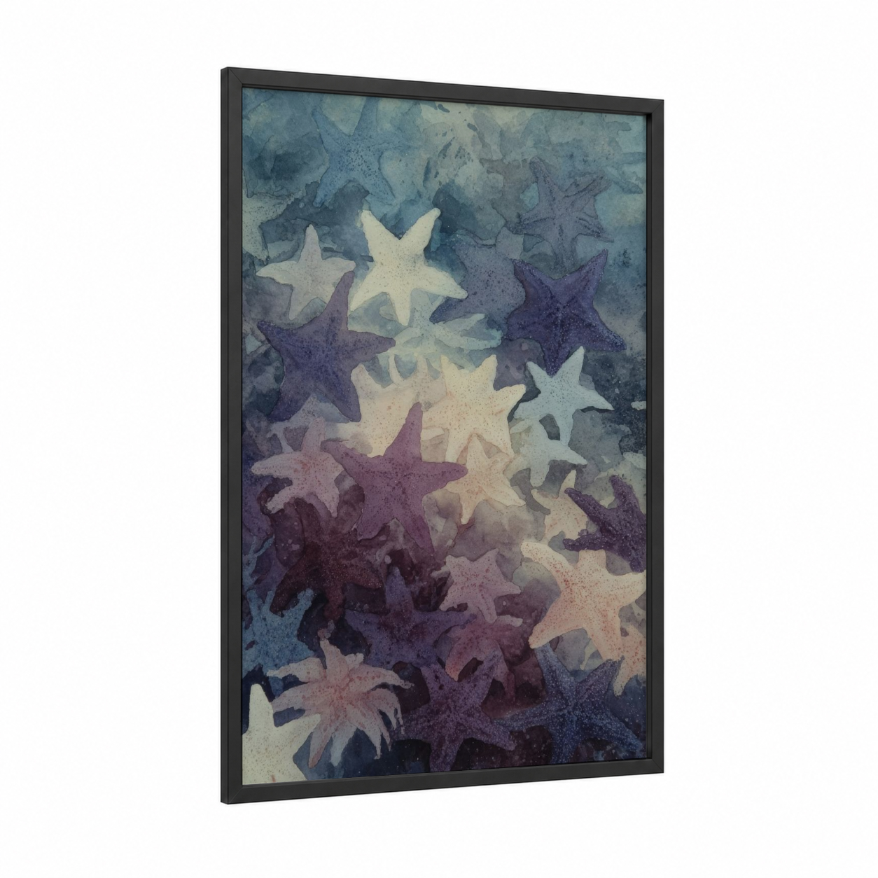 Twilight Starfish framed art print — black wood frame — gray and purple and blue and white palette