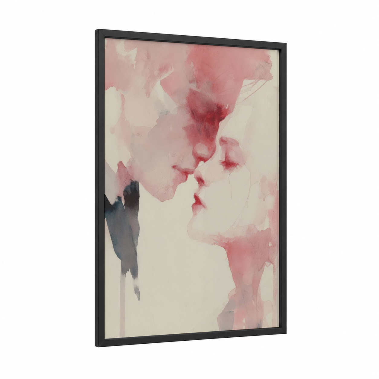 Tender Kiss Moment framed groom and bride print — black wood frame — pink and cream palette