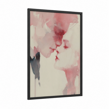 Tender Kiss Moment framed groom and bride print — black wood frame — pink and cream palette