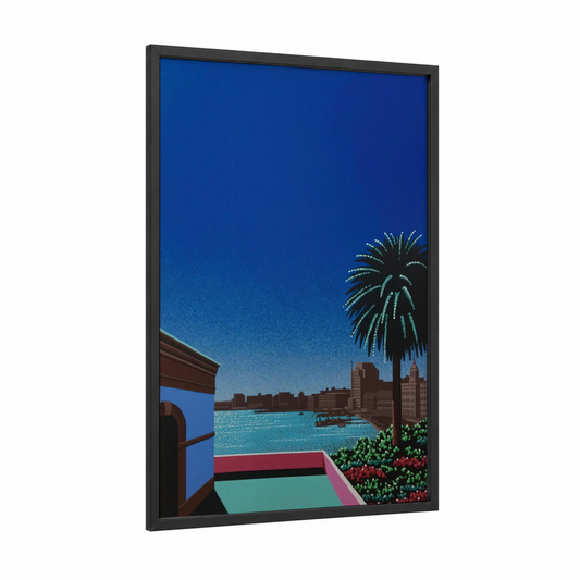 Tropical Waterfront View framed beach town print — black wood frame — royal blue and turquoise palette