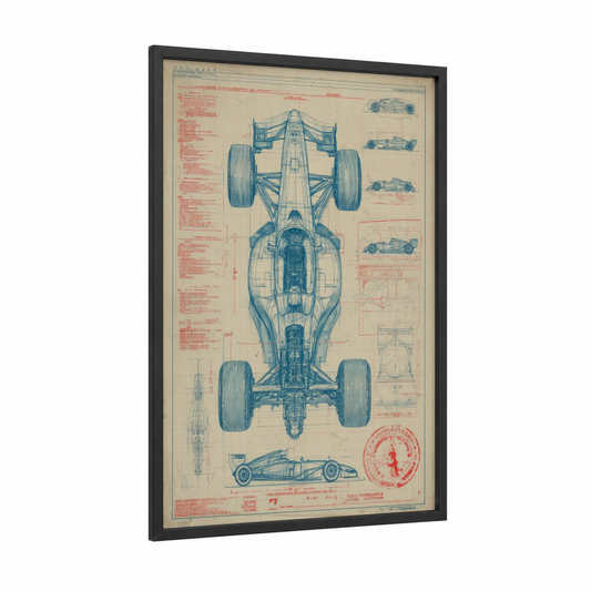 Formula Racing Blueprint framed auto racing print — black wood frame — blue and black and white palette