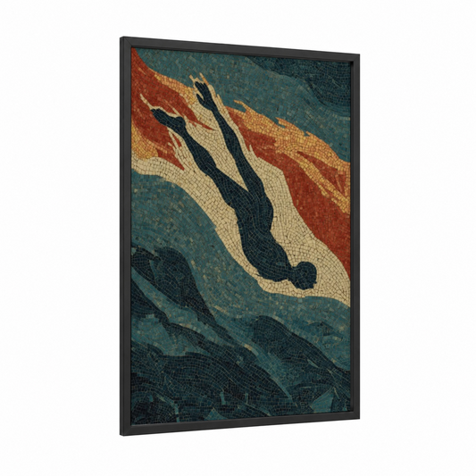 Diving Figure Mosaic framed swimming print — black wood frame — teal and russet palette