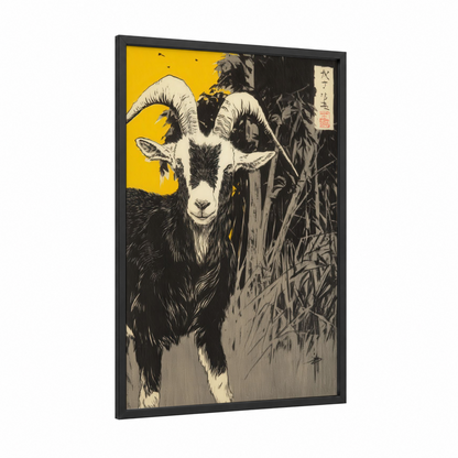 Golden Goat framed art print — black wood frame — gold and black and white palette