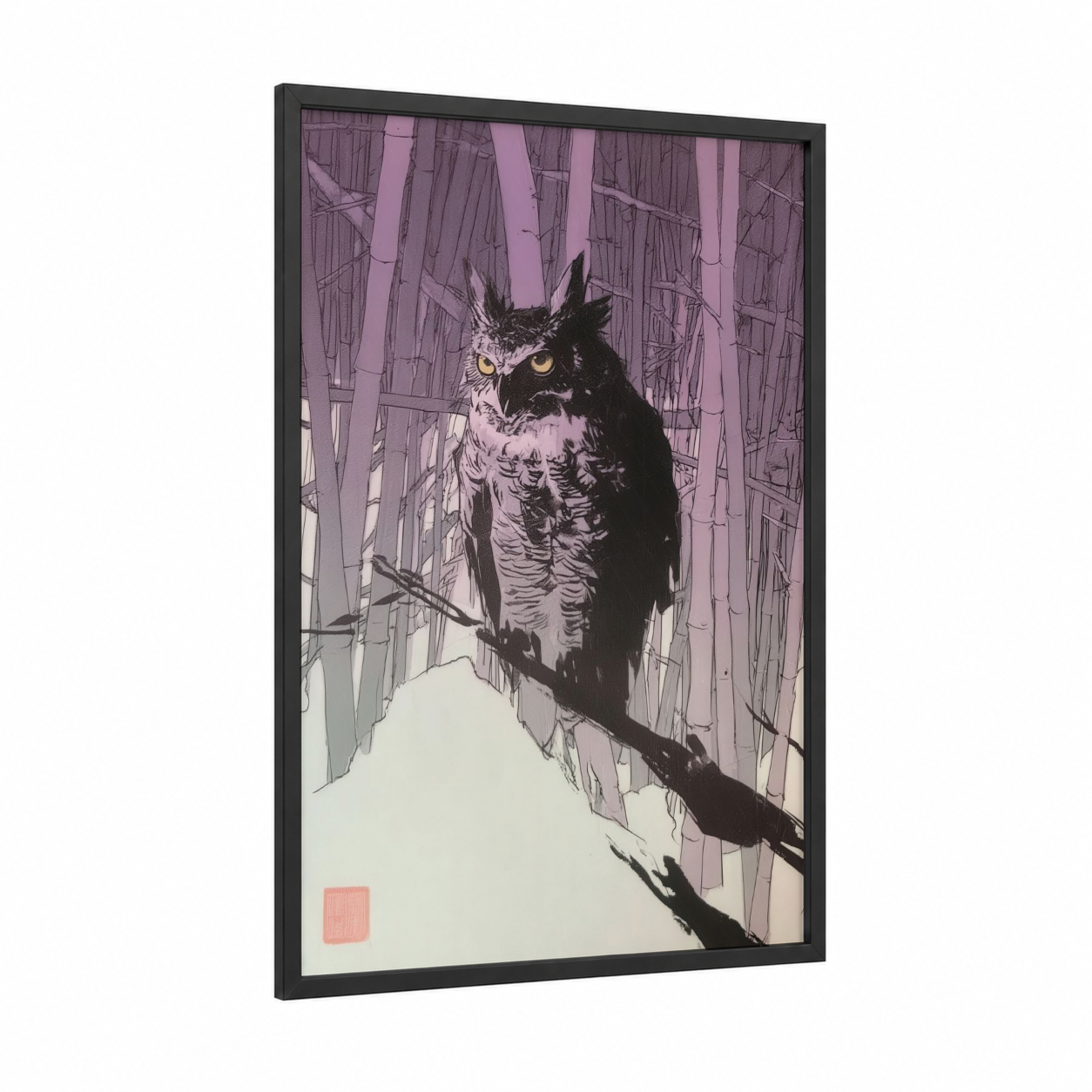 Amber-Eyed Owl framed art print — black wood frame — lavender and black and white palette