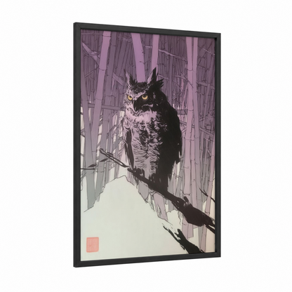 Amber-Eyed Owl framed art print — black wood frame — lavender and black and white palette