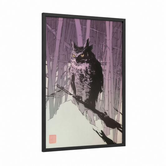 Amber-Eyed Owl framed art print — black wood frame — lavender and black and white palette