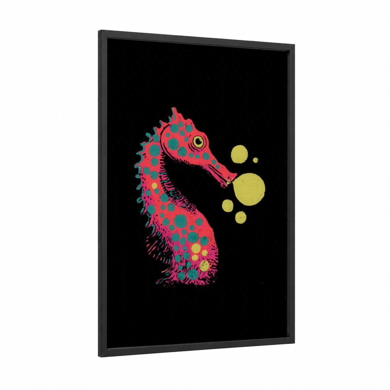 Neon Seahorse framed sea horse print — black wood frame — magenta and yellow gold palette