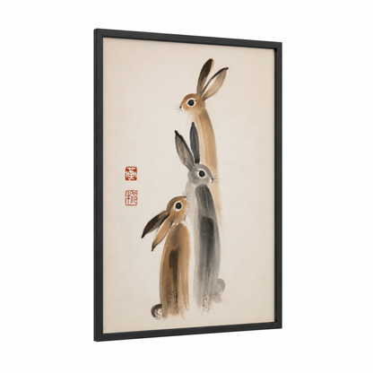 Japanese Rabbit Trio Wall Art framed art print — black wood frame — beige and black and white palette