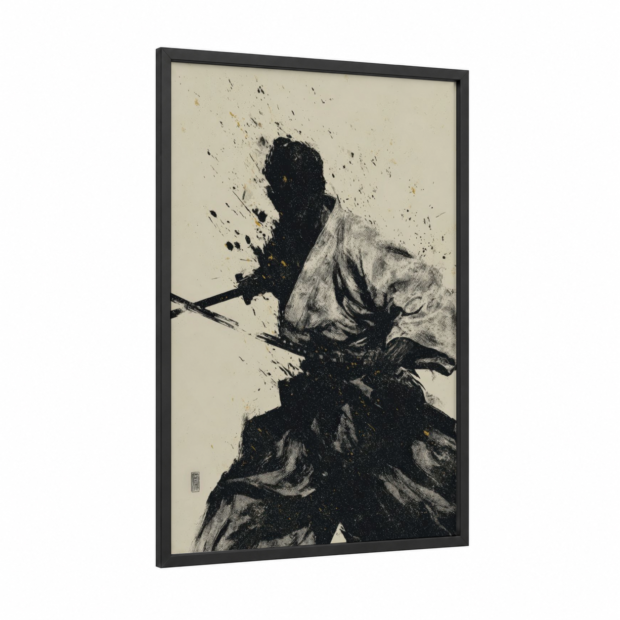 Dynamic Aikido Burst framed art print — black wood frame — black and white and cream palette