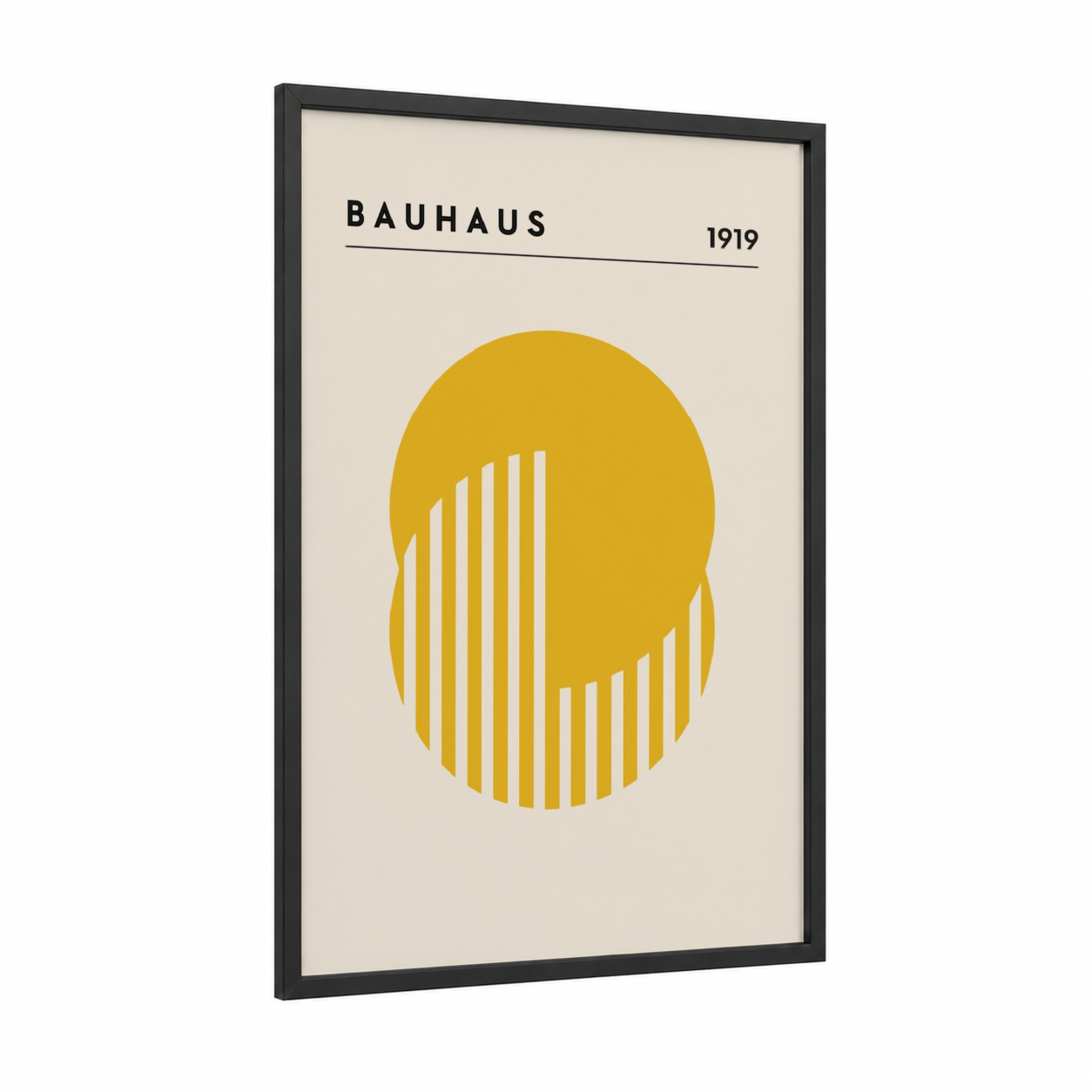 Golden Bauhaus framed abstract geometric print — black wood frame — yellow gold and cream palette