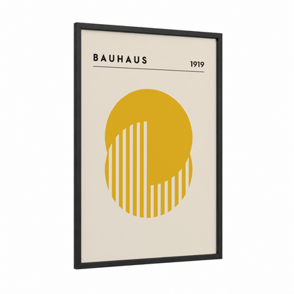 Golden Bauhaus framed abstract geometric print — black wood frame — yellow gold and cream palette