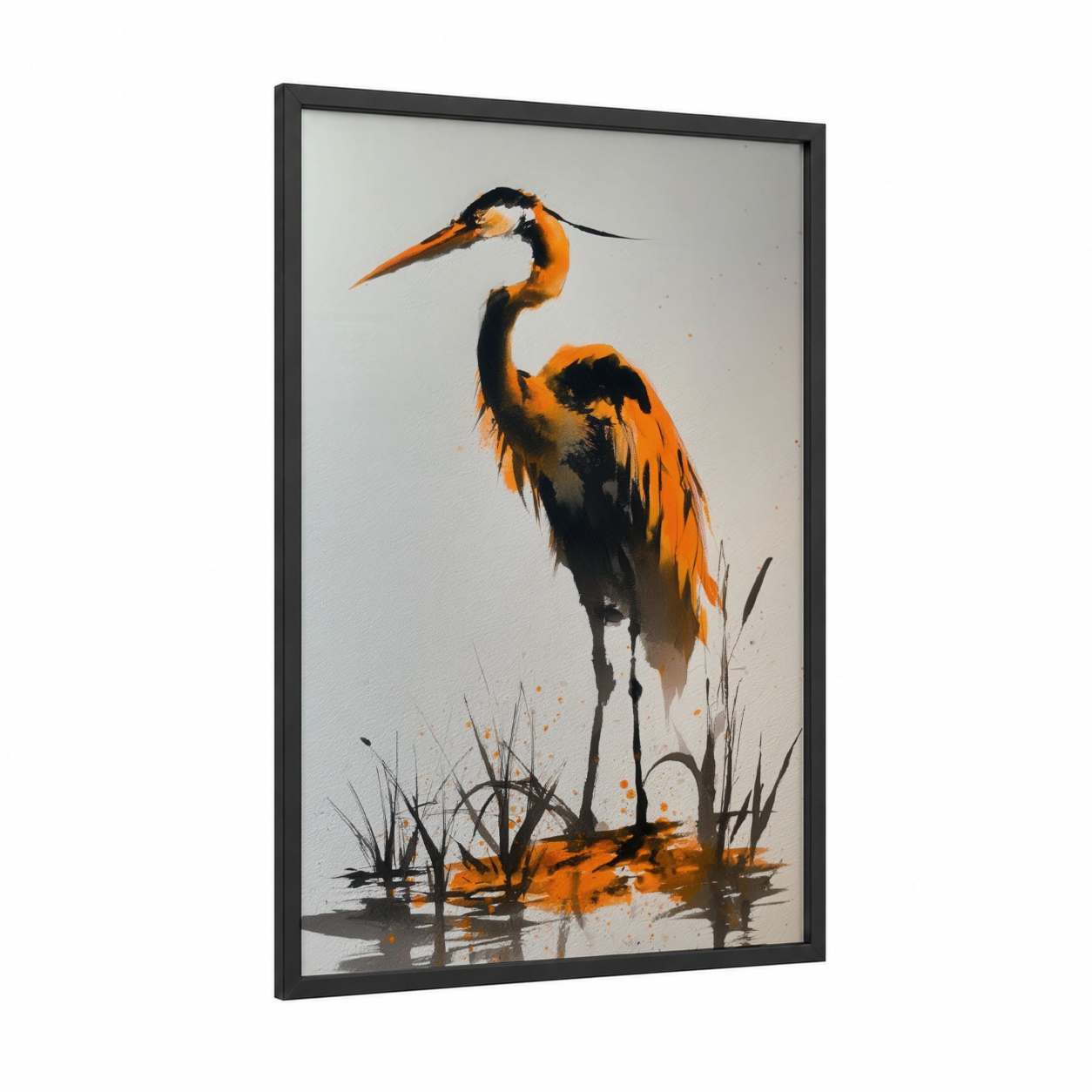 Orange Heron framed art print — black wood frame — orange and black palette
