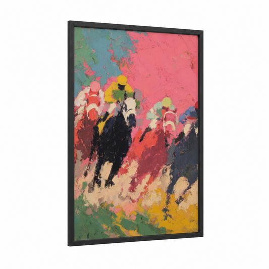 Racing Impressions framed horse racing print — black wood frame — pink and yellow gold palette