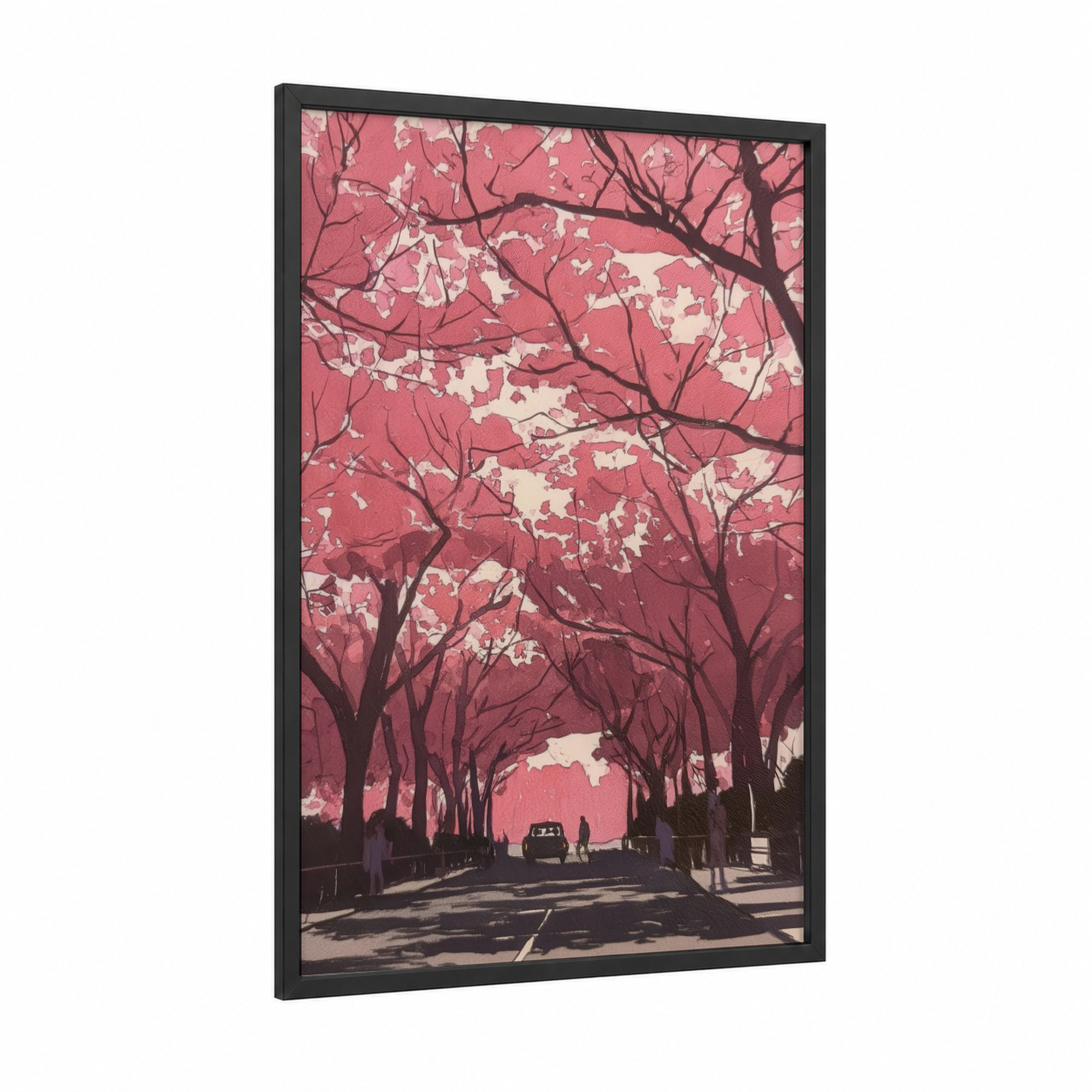 Blossoming Avenue framed cherry blossoms print — black wood frame — pink and cream palette