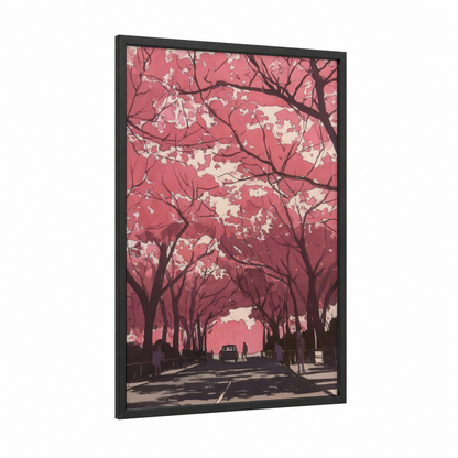 Blossoming Avenue framed cherry blossoms print — black wood frame — pink and cream palette