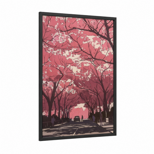 Blossoming Avenue framed cherry blossoms print — black wood frame — pink and cream palette