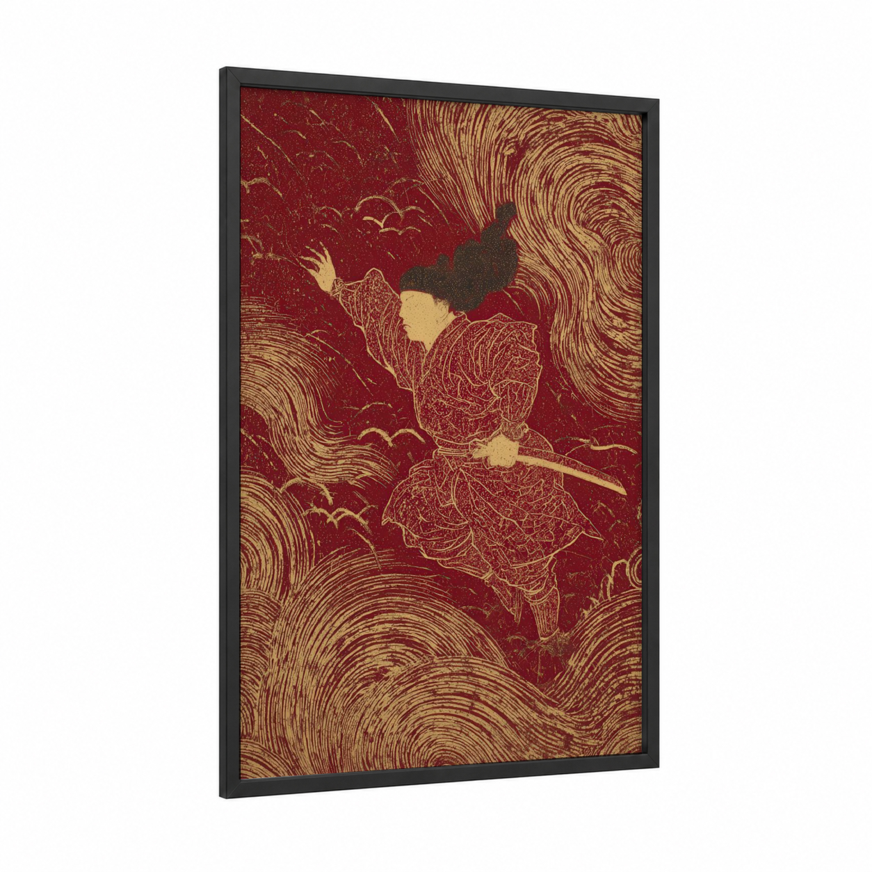 Crimson Warrior framed kung fu print — black wood frame — maroon and gold and white palette