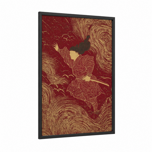 Crimson Warrior framed kung fu print — black wood frame — maroon and gold and white palette
