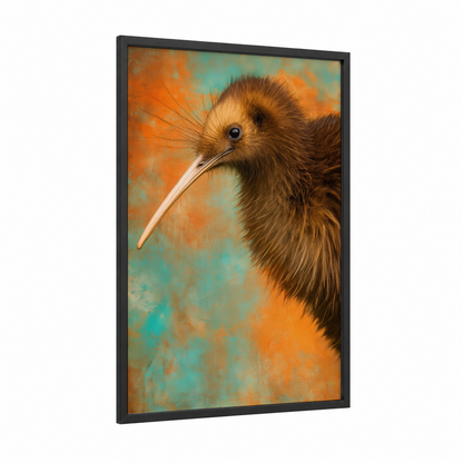 Russet Kiwi Portrait framed art print — black wood frame — orange and teal palette