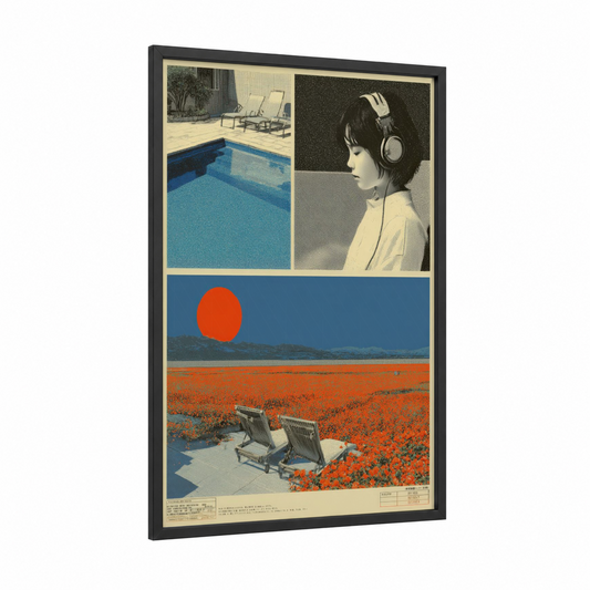 Dreamy Y2K Escape framed japanese y2k print — black wood frame — blue and turquoise palette