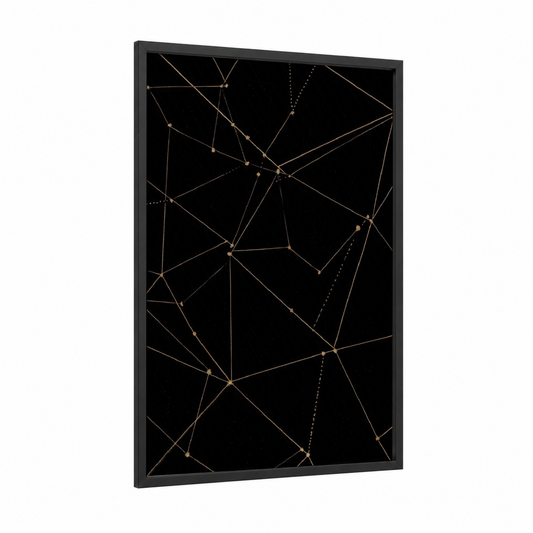 Golden Network Sky framed night sky print — black wood frame — black and gold and black palette