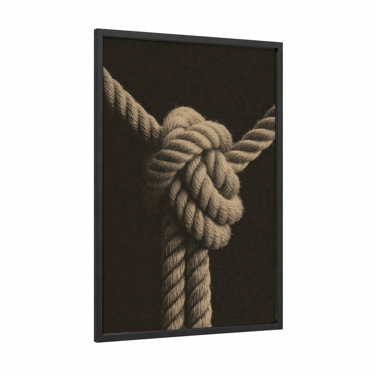 Nautical Knot Study framed rope knots print — black wood frame — black and white and beige palette
