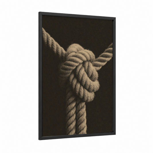 Nautical Knot Study framed rope knots print — black wood frame — black and white and beige palette