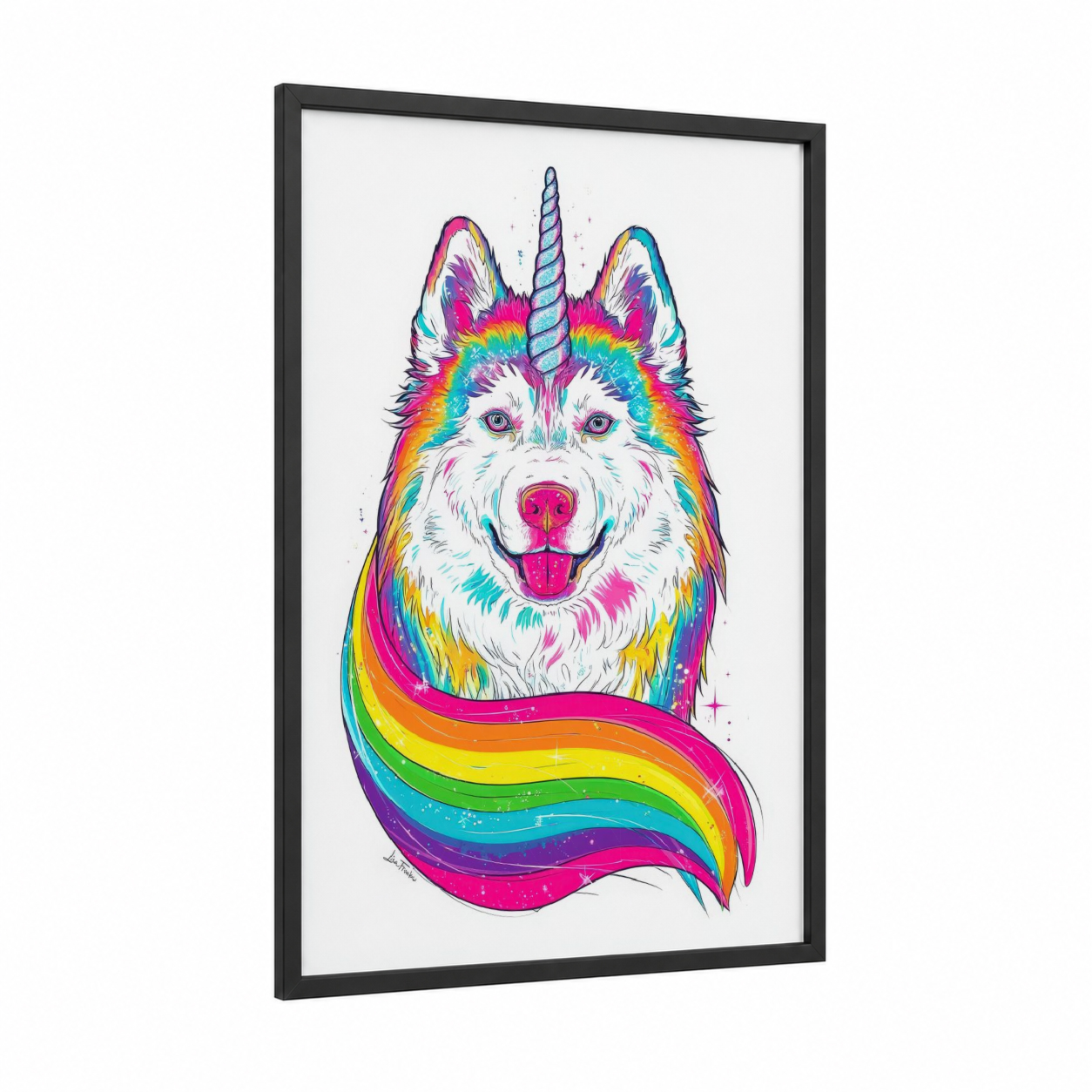 Rainbow Husky Unicorn framed art print — black wood frame — magenta and blue and yellow palette