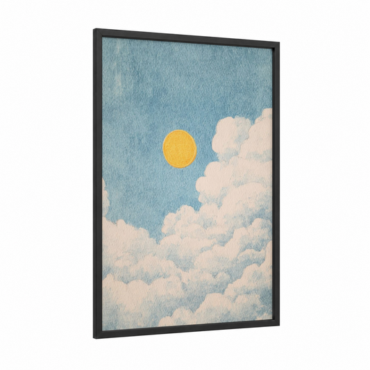 Golden Sun Clouds framed the sun print — black wood frame — blue and yellow gold palette